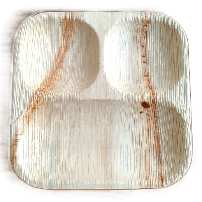 9"x9" | 3-Compartment Palm Leaf Lunch Plate – Square Portion Tray |Pack of 25